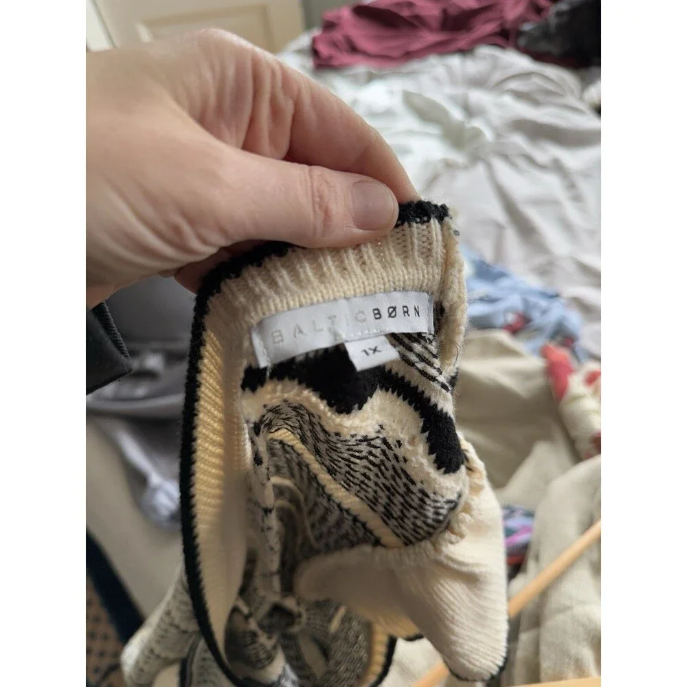 Baltic Born Herriman Knit Top 1X Black White Flutter Short Sleeves Fair Isle - Picture 7 of 7
